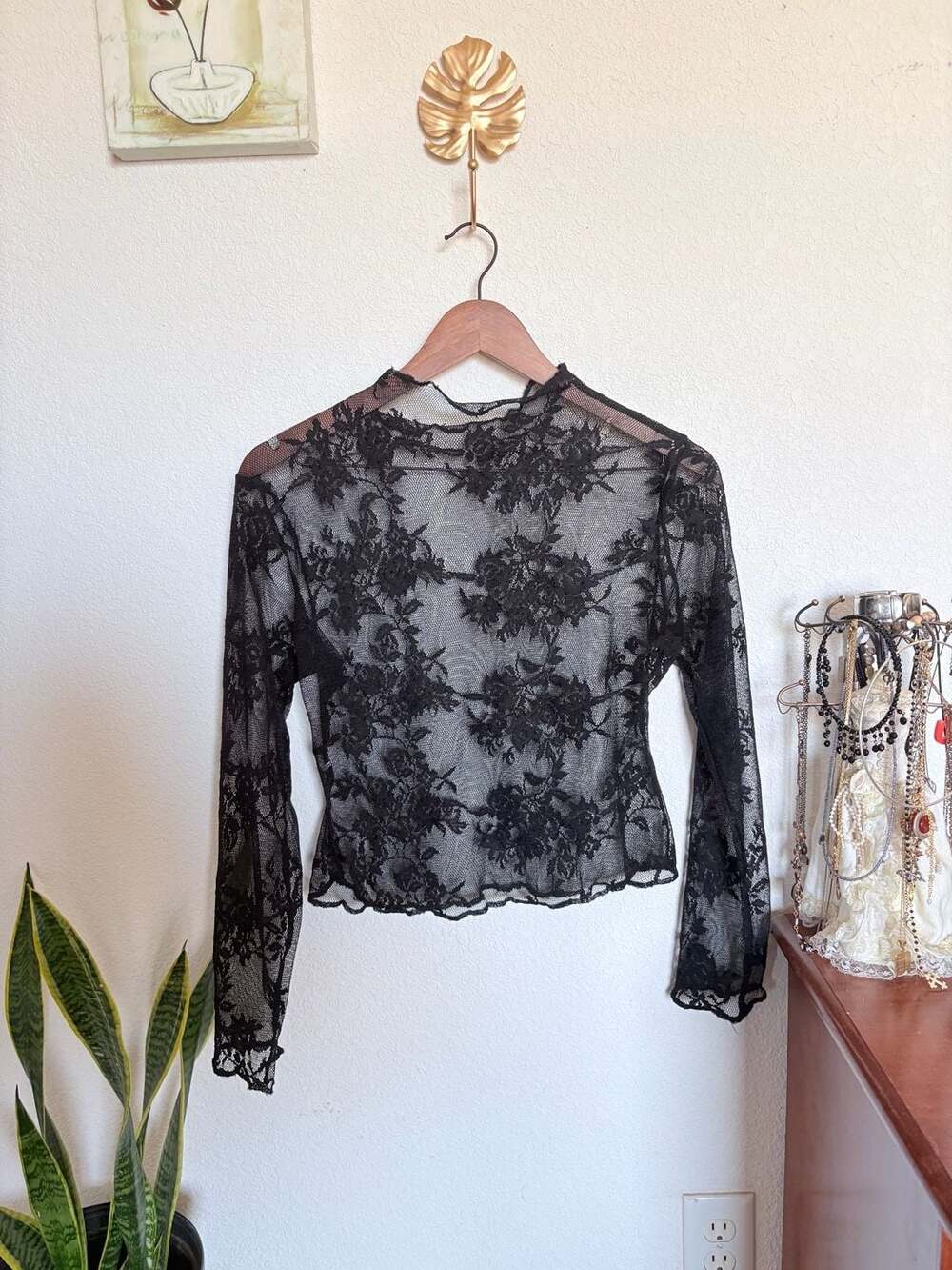 Black Floral Lace Long Sleeve Mock Neck Sheer Top